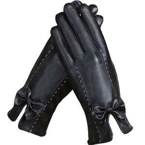 Guantes de cuero cómodos de oveja auténtica con puños tejidos a la moda para mujer - Product Image 1