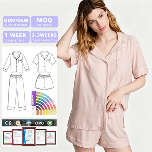 Conjunto de Pijama Rosa de Manga Corta para Mujer con Botones Delanteros y Bolsillo, 100% Algodón, Ropa de Dormir Informal, Estilo Verano - Product Image 1