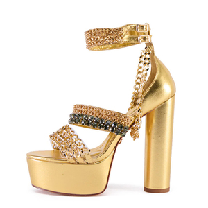 Sandales à talons épais et plateforme pour femme, avec chaîne en métal doré, bout ouvert, chaussures de mode d'été - Product Image 1