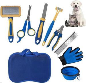 Kit de toilettage en plastique : Coupe-ongles, Peigne démêlant, Brosse lissante, Brosse à poils, Lime à ongles, Brosse de toilettage pour animaux, Ensemble de nettoyage - Product Image 1