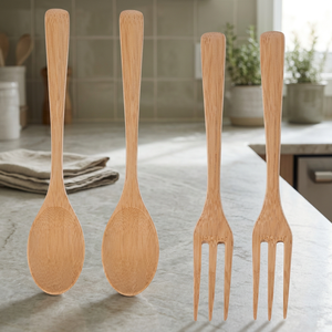 Juego de Cubiertos de Madera Reutilizables, Vintage y Sostenibles, 2 Cucharas y Tenedores, con Logotipo Personalizado Impreso, Ecológicos, Portátiles, para Fiestas y Cocina - Product Image 1