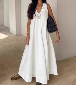 <b>White</b> Sleeveless A-Line <b>Maxi</b> Dress V-Neck Loose Fit Casual Summer Cotton Dress Solid Color Breathable Woven Fabric - Product Image 1