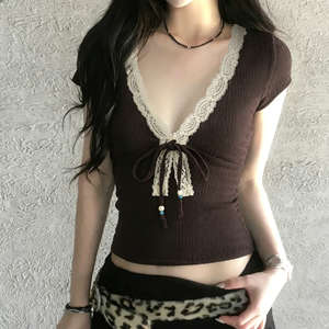 Vintage Textured Fabric Beaded V Neck T <b>Shirt</b> Slim Fit Sexy Short Sleeve Fashion Top Women - Product Image 1