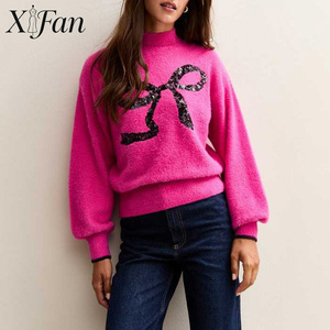 เสื้อสเวตเตอร์ครอปคอสูงแฟชั่นใหม่สำหรับผู้หญิง ตกแต่งด้วยโบว์ริบบิ้นปักเลื่อมแบบ OEM สั่งทำได้ - Product Image 1