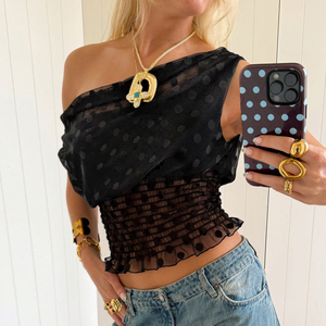Top sin mangas con estampado de lunares y malla transparente, diseño asimétrico en el cuello y fruncido sencillo, nueva moda 2026 - Product Image 4