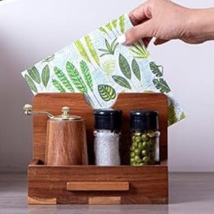 Porta servilletas de madera de acacia natural, estante de almacenamiento multifuncional en forma de abanico para pañuelos y condimentos, moderno y minimalista - Product Image 2