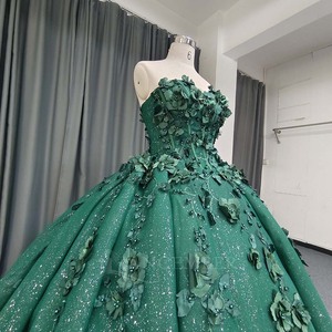 ANY254 Vestido de Noche Verde Esmeralda sin Tirantes con Bordado Floral - Product Image 5