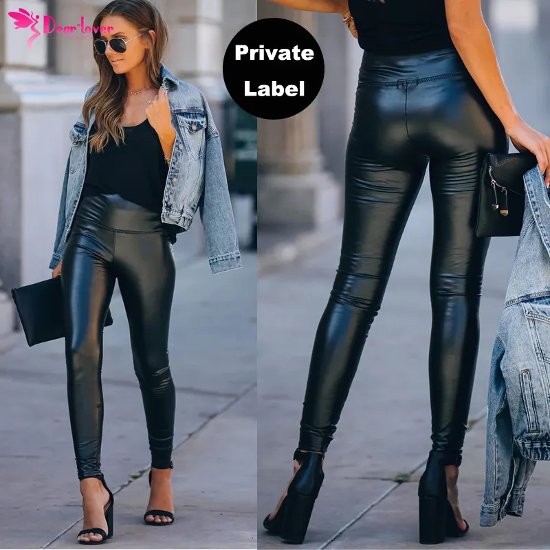 Dear-lover-pantalones de cuero de imitación para mujer, calzas personalizadas de cintura alta, color negro