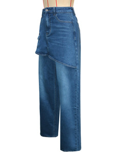 ZHEZHE Vêtements pour femmes, style américain rétro, faux deux-pièces, jean en denim à jambe <span class=keywords><strong>large</strong></span>, <span class=keywords><strong>taille</strong></span> <span class=keywords><strong>haute</strong></span>, coupe ample, <span class=keywords><strong>pantalon</strong></span> cache-culotte - Product Image 5