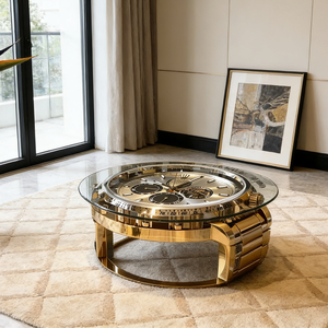 Mesa de Centro Moderna de Lujo con Forma de Reloj de Oro, Tapa Redonda de Vidrio y Fibra de Vidrio, Diseño de Escritorio para Sala de Estar - Product Image 6