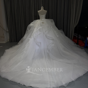 Lsoy027 Robe de mariée moderne, élégante, blanche, longue, en organza et dentelle, sans manches, avec appliques, décolleté cœur, style princesse, traîne chapelle - Product Image 6