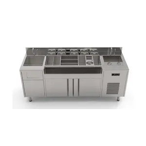 Mesa de refrigerador personalizada, barra de té de burbujas de acero inoxidable, banco de trabajo para tienda de té de la leche, conjunto completo de equipos