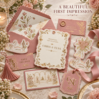 Ensemble d'invitations de mariage vintage rose poudré avec bordure florale dorée, impression personnalisée, kit de papeterie de mariage de luxe avec étiquettes