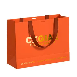 Sacola de papel para compras com logotipo personalizado, sacola de papel para compras luxuosa com laranja brilhante, sacola de papel para embalagens de cosméticos e joias para presente e artesanato