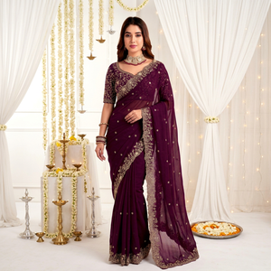 AARA Fashion Purple Embroidered Silk <b>Saree</b> <b>Blouse</b> Women Wedding Traditional Indian Pakistani Style Floor-Length Regular Fit Sun - Product Image 1