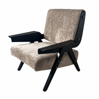 Fauteuil d'appoint de style Mid-Century, fauteuil lounge en tissu chenille beige taupe, structure en bois massif, accoudoirs en bois pour salon, hôtel