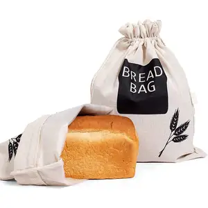 Bolsas de pan de lino reutilizables con logotipo personalizado ecológico al por mayor de fábrica para pan casero bolsa de lino con cordón para almacenamiento seguro de alimentos