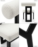 Chaise de salle à manger design moderne en tissu bouclé blanc Teddy, dossier cylindrique, structure en bois massif noir, pour extérieur et salon