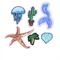Patchs brodés à paillettes sur le thème de l'océan, méduse, cactus, appliques thermocollantes pour la décoration de mode