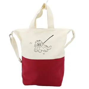 Red Bottom Blank Tote Bag Canvas Shopping with custom printed logo,cotton Splicing long strap canvas tote bag