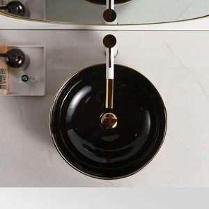 Lavabo rond en céramique noir et or, design élégant, pour hôtel de luxe, lavabo de salle de bain doré à poser sur le comptoir - Product Image 5