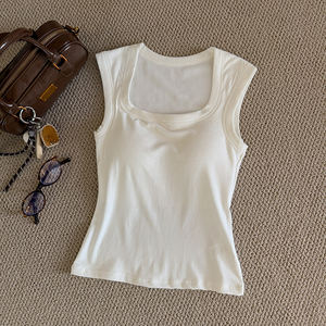 2025 camiseta sin mangas de algodón acanalado informal para mujer, sujetador integrado transpirable de verano, espalda contorneada, Parte delantera OEM - Product Image 6