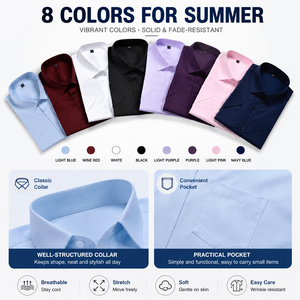 Camisa de Manga Corta para Hombre Tallas Grandes, Teñida con Hilo, Cierre de Botones, Estilo Casual de Negocios, Elástica, Color Sólido, Transpirable para Verano - Product Image 2