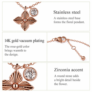 Collier pendentif fleur en acier inoxydable, zircone, couleur or rose, placage sous vide or 14 carats, chaîne réglable 40 cm - Product Image 3