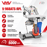 Machine à coudre automatique VMA pour jeans, avec système de coupe et alimentation par bras, dotée d'un capteur de reconnaissance pour matériaux lourds
