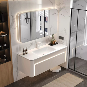 Minimalist Luxury Solid Wood Lacquer Wall Hung Water Resistant Bathroom Vanity Unit with Smart Honeycomb <b>Mirror</b> and Basin - Product Image 1