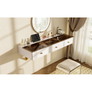 GO 47" Solid Wood <strong>Floating</strong> Shelf <strong>with</strong> <strong>Drawer</strong> Multi-Purpose Floor Mount Vanity Table Mounted <strong>Desk</strong> for Bedroom - Product Image 6
