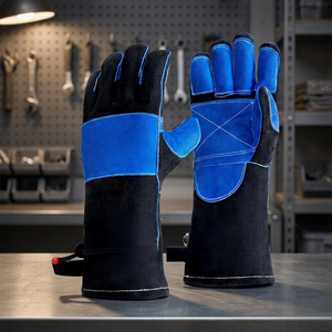 Leather Safety <b>Gloves</b> Blue Black Adjustable Wristband Anti Slip Abrasion Resistant General Purpose - Product Image 3