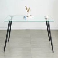 Table à manger rectangulaire moderne en verre trempé avec pieds en métal noir pour cuisine et salle à manger