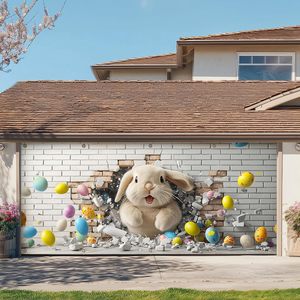 Bandera para puerta de garaje de Pascua, diseño de conejito lindo, <span class=keywords><strong>huevos</strong></span> coloridos, floral, ladrillo rojo, cubierta para puerta de garaje, decoración personalizable para fiestas al aire libre - Product Image 5