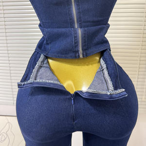 Ensemble <span class=keywords><strong>Femme</strong></span> Jean C6631 de Haute Qualité 2 Pièces, Haut Sans Manches en Jean à Boucle Métallique avec Pantalon Jean Large <span class=keywords><strong>Femme</strong></span> Vente en Gros 2025 - Product Image 4