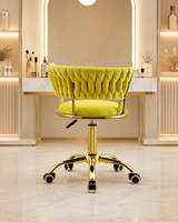 Chaise de salon de beauté en cuir PU de luxe avec dossier tressé, base dorée, hauteur réglable, pivotante et roulante, pour technicien de maquillage