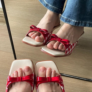 Women's Fashionable Trend Square Toe High Heel Sandals Summer Outdoor French Plaid Open Toe One-Strap Design Bow Mesh PU Slip-On - Product Image 3