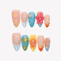 Ongles à presser 3D Summer Island motif vague florale, forme amande moyenne, en acrylique, avec perles colorées, strass et pois, vernis personnalisable
