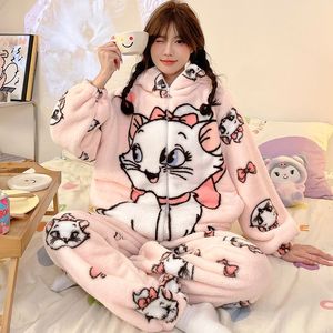 بيجامة نسائية شتوية جديدة مع بيجامات فلانيل سميكة قطيفة ولطيفة مع سحاب قطة بغطاء رأس - Product Image 5