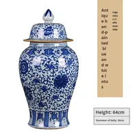 Grand vase en céramique de Jingdezhen, ornements en porcelaine bleue et blanche antique, style chinois, salon, sur pied, table