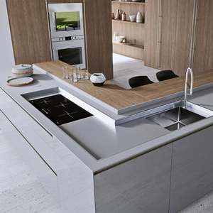 Cuisine modulaire en stratifié brillant moderne de conception italienne, simple, en forme de L, avec îlot central, design sans poignée - Product Image 5