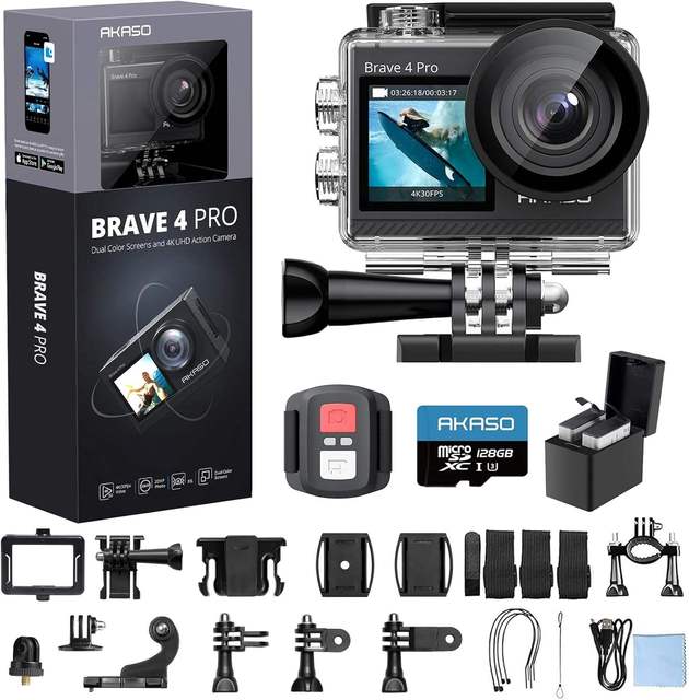 AKASO Brave 4 Pro 4K30 Ultra HD 20MP Action Camera 131ft Underwater 5xZoom Touch Screen WiFi Remote Control Helmet Accessories