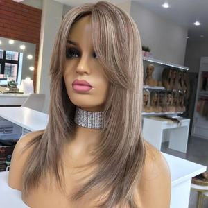 Haute qualité <span class=keywords><strong>frange</strong></span> couches cendré brun surbrillance <span class=keywords><strong>blonde</strong></span> avant de lacet perruques sans colle européenne cuticule aligné perruques de cheveux humains - Product Image 1