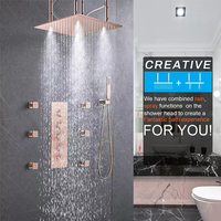 Ensemble de douche thermostatique moderne 16 pouces en laiton brossé, finition or rose, avec mitigeur encastré, jets de pluie et d'air, jets de massage doux et modes de jet pause