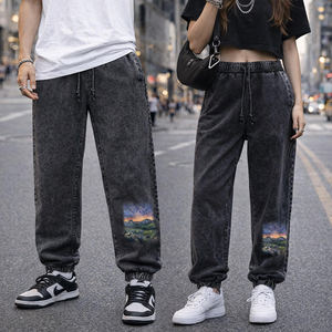 KingSen High Quality Unisex Washed Cotton Jogger Pants Casual Elastic Waist <b>Drawstring</b> Print Tapered Cuff Denim <b>Trousers</b> - Product Image 1