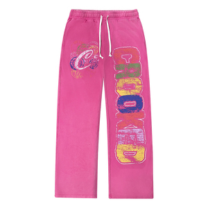 Vintage Wash <b>Hot</b> Pink Wide Leg Sweatpants for Men Retro Colorful Letter Print Drawstring Elastic Waist Casual Streetwear Trouser - Product Image 1