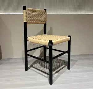 ठोस लकड़ी के फ्रेम कुर्सी भोजन क्लासिक डिजाइन बुना रस्सी सीट कुर्सी भोजन रेस्तरां लकड़ी की कुर्सी