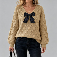 Nouveau Pull Tricoté Décontracté à Col en V et Nœud, Manches Longues, Style Européen et Américain pour Femme 2026 – Tenue Quotidienne, Vente en Gros, Personnalisation OEM ODM