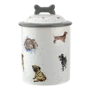 Putih Tulang Desain Penuh Stiker Stoneware Makanan Hewan Mengobati Tabung Biskuit Kue Keramik Anjing Wadah Penyimpanan Makanan