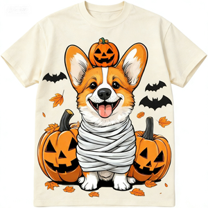T-shirt d'été polyvalent pour homme, coupe ample, motif citrouille et chauve-souris Corgi imprimé, décontracté et tendance - Product Image 1
